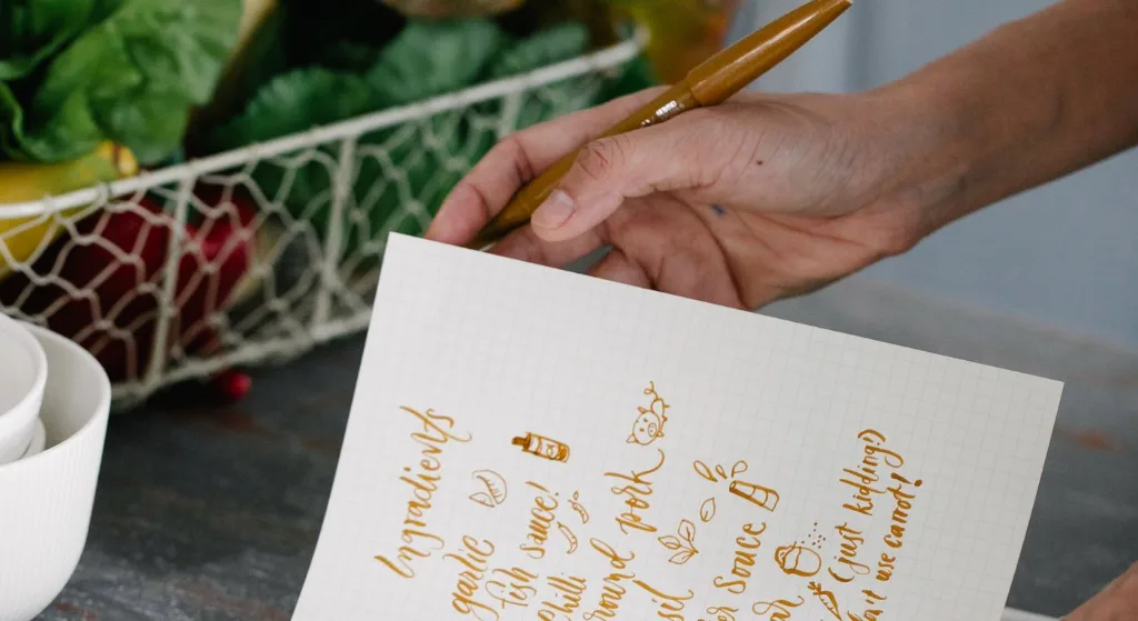 A person writes in a notebook in a kitchen with fresh vegetables on the counter